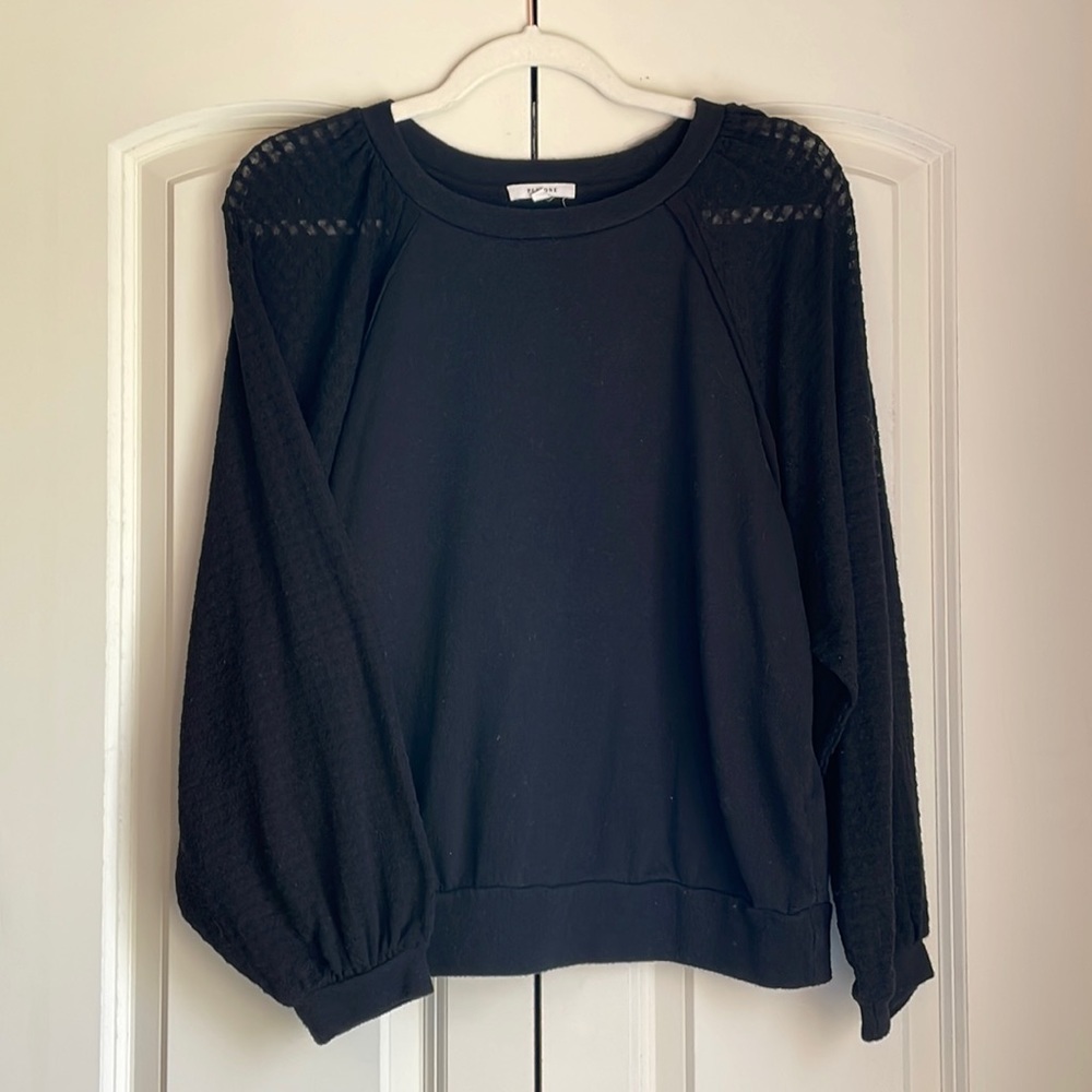 Anthropologie Pleione Black Top with Sheer Window Pane Balloon Sleeves